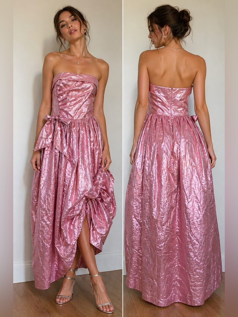 Vintage 90s Pink Metallic Strapless Prom Dress XS Small Barbiecore Y2K Party